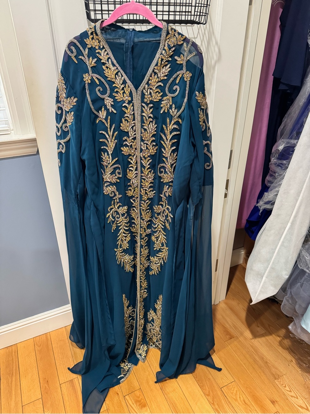 Embroidered Teal Long Kaftan with Gold Accents from Morocco